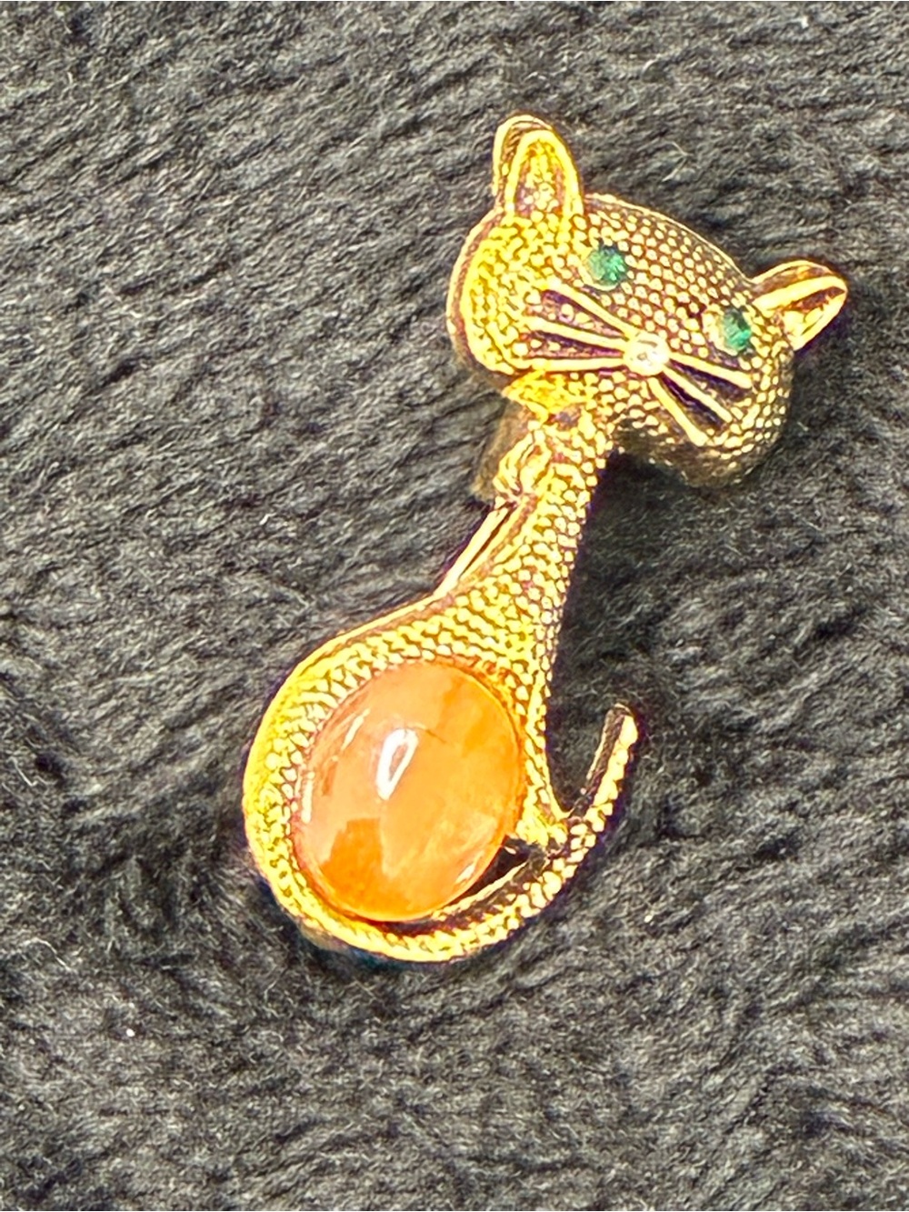 Gold Cat Brooch with Orange Cabochon and Green Eye Accents